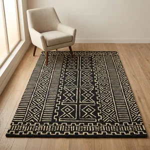 HILTEX Hand Tufted Modern Geometric Jute Eco-Friendly Cushioned Area <b>Rug</b> Rectangle <b>Black</b> Beige Low Pile Non-Slip Latex Backing - Product Image 3
