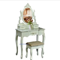Mesa de tocador antigua francesa con exquisito espejo de madera hecho a mano como la realeza para uso en apartamentos y hoteles, función de almacenamiento de pie