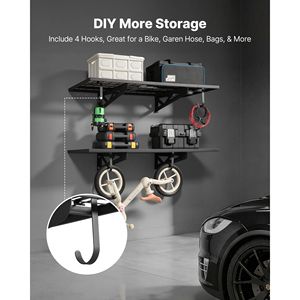 Scaffalatura a 2 livelli in acciaio resistente per garage, montaggio a parete, 2 x 4 piedi (24 x 48 pollici) per ripiano, 24 ganci, design a sospensione - Product Image 6