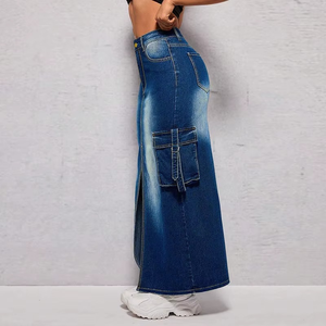 Jupe longue cargo en jean décontractée pour femme, qualité supérieure, taille haute, multi-poches, fente avant, style utilitaire, délavage effet usé - Product Image 5