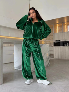 Conjunto Deportivo de Terciopelo para Mujer, Verde, Top con Cierre y Manga Larga, Pantalones Anchos, Corte Holgado, Color Sólido, para Todas las Temporadas - Product Image 5