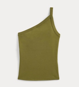 Women's Asymmetric 100% Cotton Knitted Rib Textured <b>One</b> Shoulder Tank <b>Top</b> Solid Deep Green Color Breathable Quick Dry - Product Image 1