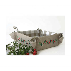 Compact Beige Striped 100% Cotton Embroidered <b>Bread</b> <b>Basket</b> Woven Lid Eco-Friendly Washable Organizer Kitchens Dining Rooms - Product Image 3