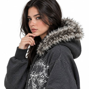 Gothic Printed Women's Hooded Zip-Up Sweatshirt With Faux <b>Fur</b> <b>Trim</b> Winter Jacket Regular Fit Gray Full Sleeve Knitted Fleece - Product Image 5