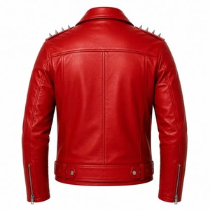 Blouson de moto en cuir PU rouge imperméable gaufré pour homme, fermeture éclair, imprimé croisé, col rabattable, style hiver - Product Image 4