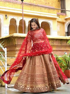 Maroon Sequin Applique Bridal <b>Lehenga</b> Choli Dupatta Raw Silk Embroidery Short Sleeves Knee-Length A-Line Silhouette Wedding - Product Image 4