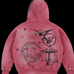 Sudadera con capucha corta marrón con cremallera, estampado de ojo con pedrería y diseño de espalda No Risk Story, estilo streetwear unisex de corte oversize. - Product Image 2