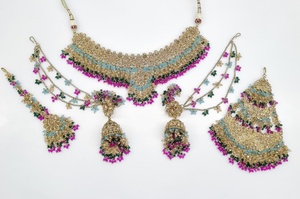 Mehandi Plated <b>Indian</b> Bridal <b>Jewelry</b> <b>Set</b> With Maang Tikka Necklace Earrings Ethnic Flower Pearl Rhinestone Wedding Party Wear - Product Image 4