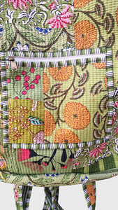 Sac à dos en coton matelassé à fleurs vertes bohèmes pour femmes, fermeture éclair, sac à dos souple pour la journée - Product Image 5