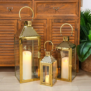 <b>Gold</b> Metal <b>Candle</b> Lantern Glass Pane Handmade Lantern Portable Decorative Light <b>Holder</b> for Home Wedding Decor - Product Image 6