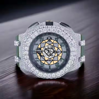 Montre pour homme en moissanite et diamant, cadran rond argenté, bracelet en caoutchouc vert, lunette en cristal, style chronographe, pour usage quotidien, cadeaux