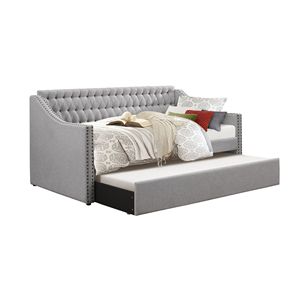 Divano Letto Moderno in Tessuto Grigio con Letto Estraibile, Dettagli Trapuntati e Borchie, Struttura in Legno - Product Image 4