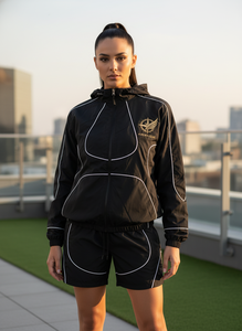 Unisex Tracksuit Set Hooded Windbreaker <b>Jacket</b> Shorts Black Polyester Sporty Autumn Casual Wear Full Length Zipper Front Logo - Product Image 5
