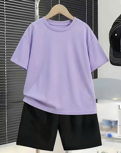 Pink O-Neck Short Sleeve T-Shirt Black Shorts 2pcs Casual Summer Set Unisex Breathable Quick Dry Polyester/Cotton Solid Clothing - Product Image 3