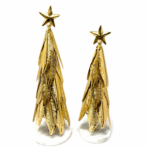 Luxury Gold Metal Christmas <b>Tree</b> Set Elegant Feather Textured Aluminum Star Marble Base Modern <b>Tabletop</b> X-mas Décor - Product Image 1