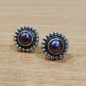 925 Solid Sterling <b>Silver</b> Studs Round Black <b>Pearl</b> Beaded Halo Statement <b>Earrings</b> For Any Occasion Wear - Product Image 2
