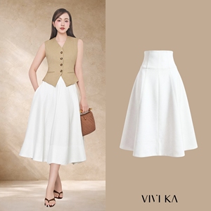 Jupe midi évasée blanche élégante et moderne pour femme, taille haute, en polyester et élasthanne, pour le bureau ou les occasions décontractées RYAN - Product Image 1