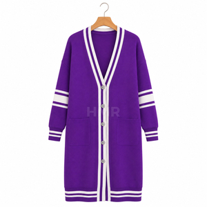 HMR Sisterhood Sorority Acrylic <b>Purple</b> Long <b>Cardigan</b> With White Stripes And Pockets V Neck Knit Sweater Dress - Product Image 5