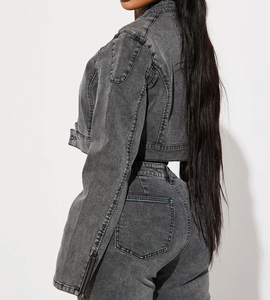 Washed <b>Denim</b> Moto <b>Jacket</b> Women Regular Turn-down Collar Full Sleeve Covered Button Closure Gray Solid Winter Front 100% Cotton - Product Image 4
