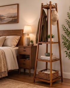 Perchero Plegable de Madera Maciza con Ruedas, 8 Ganchos y 3 Estantes, Diseño Escandinavo Moderno, Mueble para el Hogar - Product Image 3