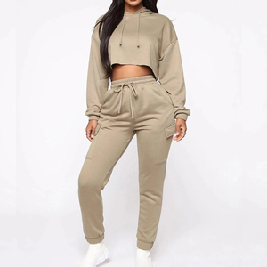 Conjunto Deportivo de 2 Piezas para Mujer, Top Corto con Capucha de Forro Polar y Pantalones con Cordón, Color Sólido, Ropa Casual para Todas las Temporadas - Product Image 1