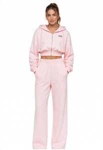 Women's Eco-friendly Autumn <b>Pink</b> 2-in-1 Tracksuit Set Hooded Cropped <b>Sweatshirt</b> and Long Pants with Front Logo Casual - Product Image 1