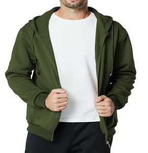 Sweat-shirt à capuche zippé vert olive pour homme, coupe classique, couleur unie, en polaire, décontracté, pour l'automne - Product Image 1
