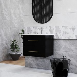 24-Inch Wall Mounted <b>Bathroom</b> <b>Vanity</b> with Double Drawers Easy-to-Assemble Ceramic Basin & Long Handle Gold Metal Sink Combo - Product Image 2