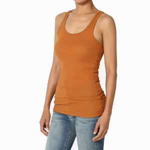 Débardeur en maille froncé pour femme, col rond, couleur unie, décontracté, respirant, mélange coton élasthanne, orange, style long - Product Image 4