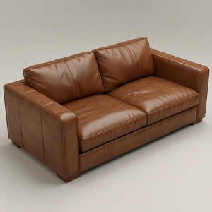 Canapé 2 places d'inspiration mid-century, recouvert de cuir de vachette véritable, avec silhouette minimaliste, pour les espaces de vie, meubles - Product Image 1