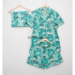 Ensemble de pyjama pour femme en coton biologique pur, respirant, doux, élégant et luxueux, col en V, taille haute, imprimé Ikat, manches courtes, cordon de serrage - Product Image 5