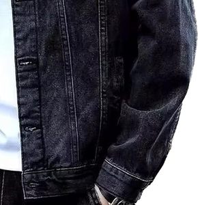 Men's Black Denim Jacket Casual Style Distressed Wash Button Closure Regular Fit Autumn Winter 100% Cotton Breathable Windproof - Product Image 5