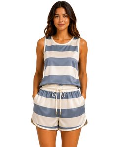 Ensemble pyjama en satin pour femmes, bleu ardoise et rayures ivoire, débardeur sans manches avec short à taille élastique, ensemble de vêtements de nuit de luxe pour l'été - Product Image 1