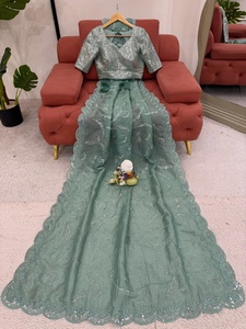 Sarees de seda de alta calidad para fiestas de gatitos, hermosa secuencia de trabajo, tela dorada aplastante, Parte delantera trasera, ambos lados, indio visible - Product Image 5