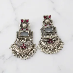 Pendientes Colgantes de Ágata de Estilo Bohemio Tribal Étnico Indio de Plata Oxidada al por Mayor, Joyería de Moda Antigua para Mujer - Product Image 2