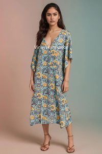 Robe Kaftan Élégante en Coton Écologique à Imprimé Floral Fait Main pour Femme – Chic Bohème, Col en V, Longueur Midi, Tenue Décontractée Artistique Indienne - Product Image 2