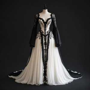 Luxury Black <b>White</b> Gothic <b>Lace</b> Floor-Length Embroidery Wedding Gown Designer Bridal Long Sleeves Elegant Vintage Ball Gown - Product Image 1