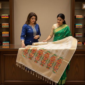 Sari tissé à la main en tissu Paithani Zari de Korra | Collection de vêtements de luxe Girnar pour festivals de mode, mariages, tenues de mariée et tenues traditionnelles - Product Image 3