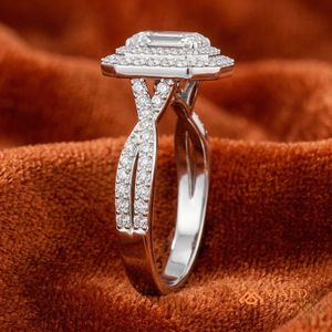 <b>Emerald</b> Cut Moissanite Double Halo <b>Silver</b> Engagement <b>Ring</b> for Women Bridal Jewelry Gift USA Luxury Fashion Anniversary Wedding - Product Image 2