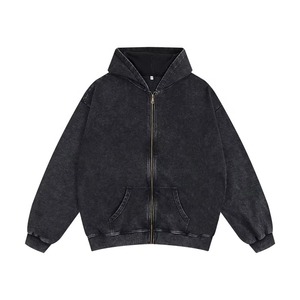 Sudadera con capucha con cremallera 100% algodón, logotipo personalizado, oversize, lavado ácido, efecto desgastado, sudadera pesada de color liso - Product Image 4