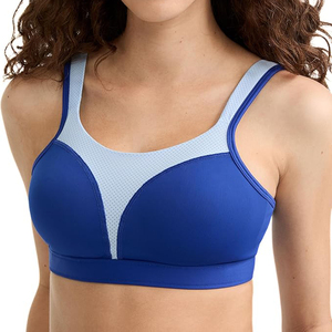 <b>Blue</b> Sports <b>Bra</b> Scoop Neck Racerback Mesh Panel Breathable Medium Support Seamless Fitness Wear - Product Image 2
