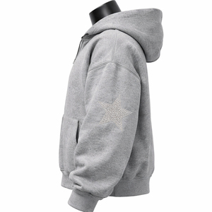 Rhinestone Star Zip Winter Oversized Hoodie <b>Grey</b> Heavyweight Cotton Fleece Bling Crystal Print <b>Sweatshirt</b> <b>Men</b> Private Label - Product Image 3