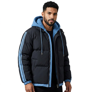 Chaqueta con capucha para hombre, con cuello alto recubierto, logo frontal, bloques de color, cremallera, ajuste holgado informal de invierno, acolchado de poliéster - Product Image 2