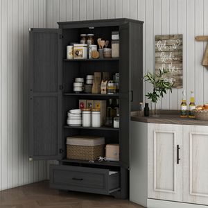 Armadio dispensa da cucina stile farmhouse nero alto 175 cm con 2 ante, cassetto e ripiani regolabili per sala da pranzo - Product Image 2