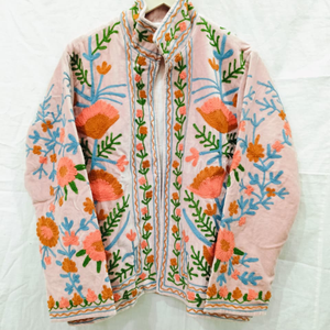 White Orange Floral Embroidery Jacket | <b>Boho</b> Long Sleeve Stand Collar Cotton Jacket Handmade Needle Work Women Winter Coat - Product Image 1