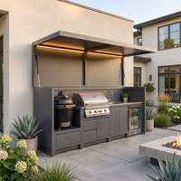 Cuisine extérieure moderne en acier inoxydable sur mesure, résistante au feu, aux couleurs froides, avec abri et barbecue à gaz pour cour.
