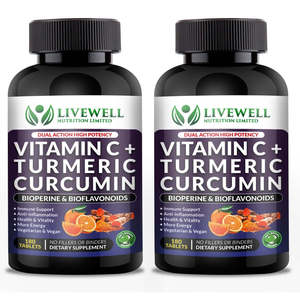 Livewell Vitamine C Curcuma Curcumine Biopérine 180 Comprimés Lot de Deux Soutien Immunitaire - Product Image 1