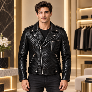 Mens Black Snake-Embossed Genuine Leather Breathable Vintage Moto <b>Biker</b> <b>Jacket</b> - Product Image 1