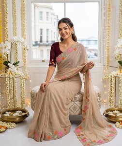 Beige Rayon <b>Saree</b> With Pink Floral Embroidery And Maroon Blouse <b>For</b> <b>Women</b> Traditional Indian Wedding Wear - Product Image 4