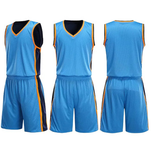 Uniformes de basket-ball personnalisés, maillot bleu sans manches à col en V et short, tissu en maille respirant, vêtements d'équipe unisexes pour adultes - Product Image 1